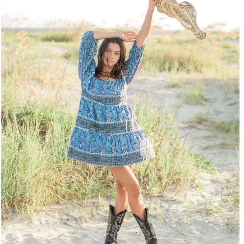 VICTORIA DUNN | NEW Sunflower Peasant Boho Dress in Cobalt Print Women’s Size XS